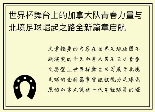 世界杯舞台上的加拿大队青春力量与北境足球崛起之路全新篇章启航