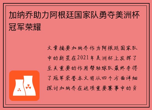 加纳乔助力阿根廷国家队勇夺美洲杯冠军荣耀